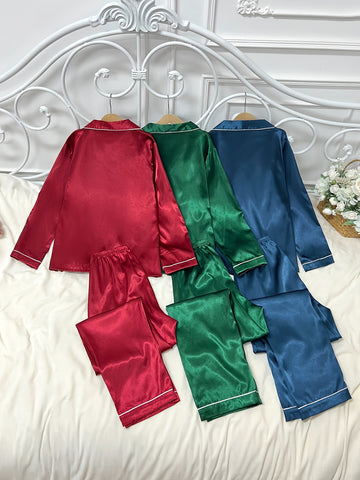 3 Sets Women's Solid Satin Casual Pajama Set, Long Sleeve Buttons Lapel Top & Pants, Comfortable Relaxed Fit For Autumn & Winter
