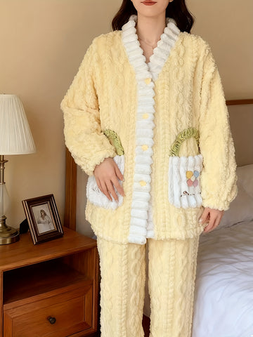 Cartoon Embroidered Pocket Contrast Coral Fleece Set, Autumn and Winter Women'S 2025 New Model Velvet Thickened Warm Pajama Outfit