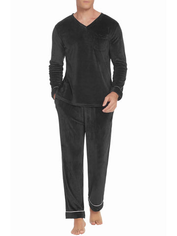ELESOL Unisex Velvet Pajama Set, Casual V-Neck Long Sleeve Knit Fabric Sleepwear, Polyester & Spandex Blend, Solid Color Loungewear with Pockets, for Fall\u002FWinter