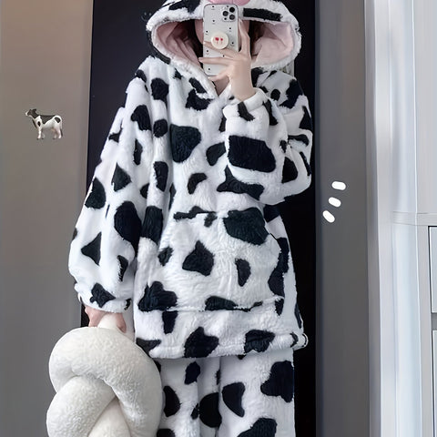 ' Cute Cow Hooded Flannel Pajamas, New Winter Plush Fleece-Lined Thickened Homewear Set