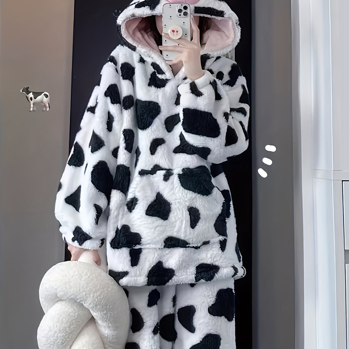 ' Cute Cow Hooded Flannel Pajamas, New Winter Plush Fleece-Lined Thickened Homewear Set