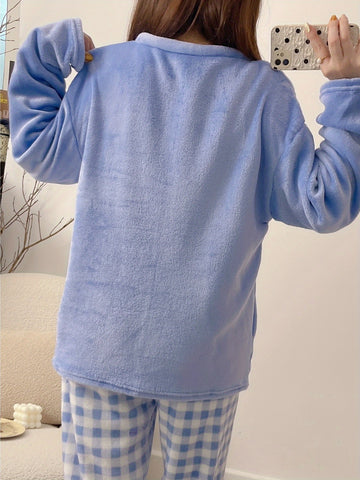 Winter Warm Fleece Pajama Set, Cute Mickey Mouse and Stitch Pattern Sleepwear, ' Style Home Outfit -, Winter Pajamas For Women, Pajama Sets Women Winter, Pajamas Winter Woman