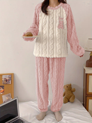 Youth Winter Warm Fleece Pajamas Set, Cute Bear Pattern Casual Home Wear Set, For Teenager