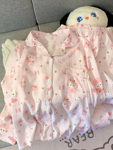 Y2K Trendy Pajamas Trendy Pink KT Cat Pajamas Women's Summer Shorts SetOpen Cardigan Fluffy Home Wear 25AW Christmas,  Summer Sleepwear, Playful Design, Quality Loungewear, Breathable Sleepwear, Women's Nightwear, Twopiece Pajamas, Young Women, Gift