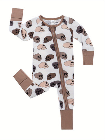 2pcs Bamboo Fiber baby onesies with cool claw skull print, double-sided zipper and matching pants - casual, all-season, machine washable - cute Halloween designs for babies, Bamboo Fiber baby clothes, great for the outdoors