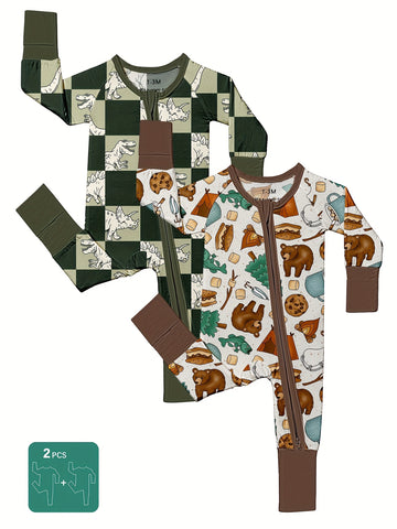 2pcs Bamboo Fiber baby onesies with dinosaur & big brown bear prints, double-sided zippers and matching pants - casual, all-season, machine washable - cute baby designs for babies, Bamboo Fiber baby clothes, great for the outdoors