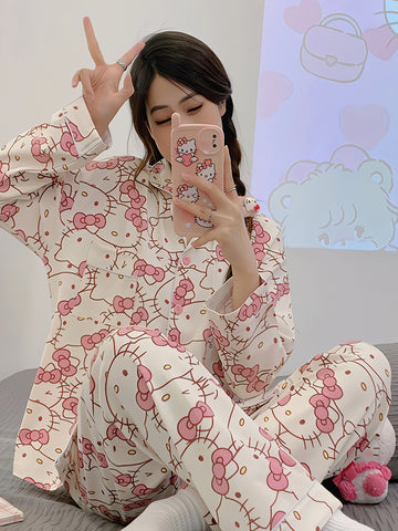 2pcs Sanrio Genuine Authorization, Hello Kitty Cartoon Pajama Set, Spring And Autumn Long-sleeved Set, Long-sleeved Sweet Cartoon Loungewear, Thin Pajama Set, A Must-have Choice for Valentine's Day Gifts for Girlfriends And Family