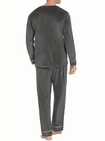 ELESOL Unisex Velvet Pajama Set, Casual V-Neck Long Sleeve Knit Fabric Sleepwear, Polyester & Spandex Blend, Solid Color Loungewear with Pockets, for Fall\u002FWinter