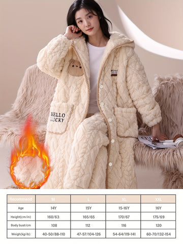 Girls' Flannel Hooded Sleepwear Set, Thickened Fleece-Lined Cartoon Long Sleeves and Pants for Autumn\u002FWinter Warm Home Outfit