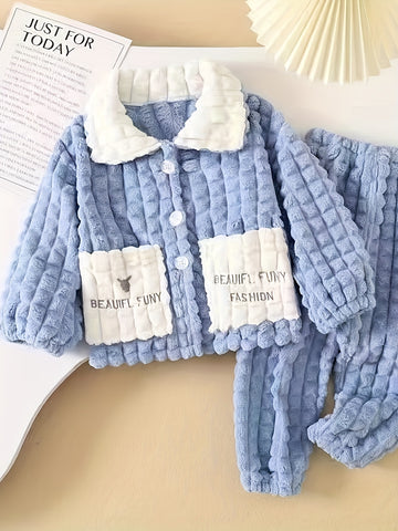 Boys' 2pcs Fall\u002FWinter Pajama Set, Casual Lapel Collar Knit Polyester Sleepwear with Alphabet Pattern, Thick Fleece-Lined with Pockets and Buttons, Regular Fit