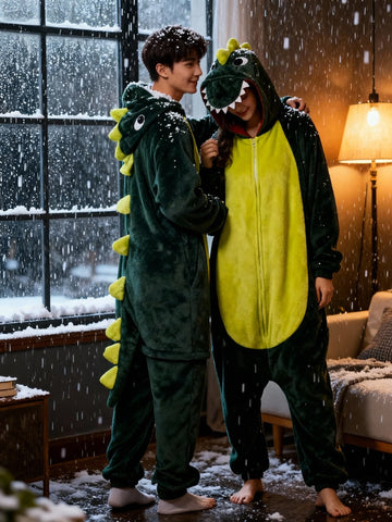 Roarsome Dinosaur Couple Onesie Set - Soft Flannel Matching Dinosaur Costume Pajamas with Hood, Long Sleeve Winter Sleepwear for Couples, Cute Animal Outfit with Spikes & Tail, Valentine'S Day & Anniversary Gift for Adults (Green\u002FYellow