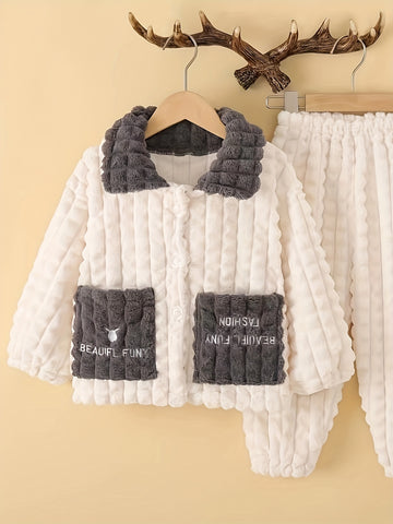 Boys' 2pcs Fall\u002FWinter Pajama Set, Casual Lapel Collar Knit Polyester Sleepwear with Alphabet Pattern, Thick Fleece-Lined with Pockets and Buttons, Regular Fit