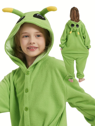 Youngsters' Green Alien Halloween Onesie Pajamas - Hooded Sleeve Sleepwear with Pockets, Soft Machine-Washable Loose Fit for Fall Winter Parties & Cosplay, Halloween Shirt, Youngsters Party Wear, Playful Design, Pocketed Onesie