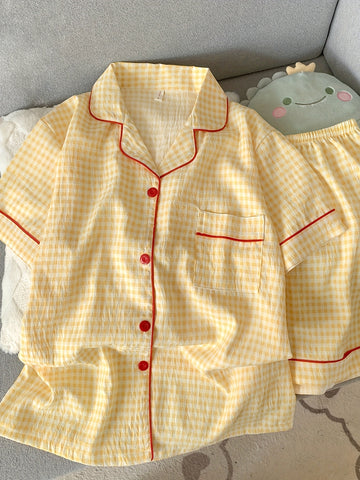 Ladies' Casual Home Wear Two-piece Set with Checkered Print Summer Pajamas Set, Short Sleeved Button Up Cardigan, Lapel Shirt, Shorts, s' Casual Home Wear