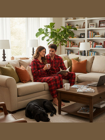 2pcs Men'S Red & Black Plaid Pajama Set - Long Sleeve Button-Up Shirt-Style Sleepwear with Chest Pocket, Cozy All-Season Matching Couples & Family Christmas & Valentine'S Day Gift, Classic Collar & Durable Fabric (Ideal for Holiday Photos & Casual L