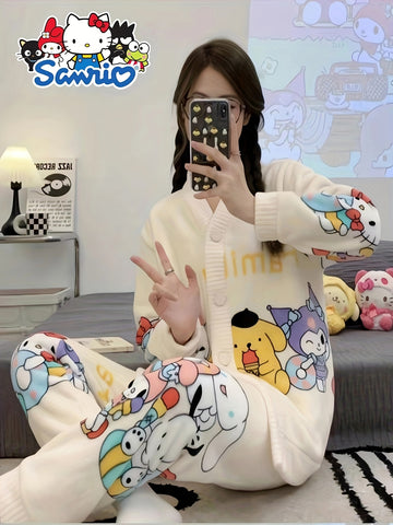 2pcs Sanrio Genuine Authorization, for Hello Kitty Family Cartoon Pattern Long-sleeved Thickened Upgraded Pajama Set, Thick Warm Loungewear, Sweet And Cute Pajamas, Cardigan Loungewear Can Be Worn Outside, The Best Choice For Family And Friends