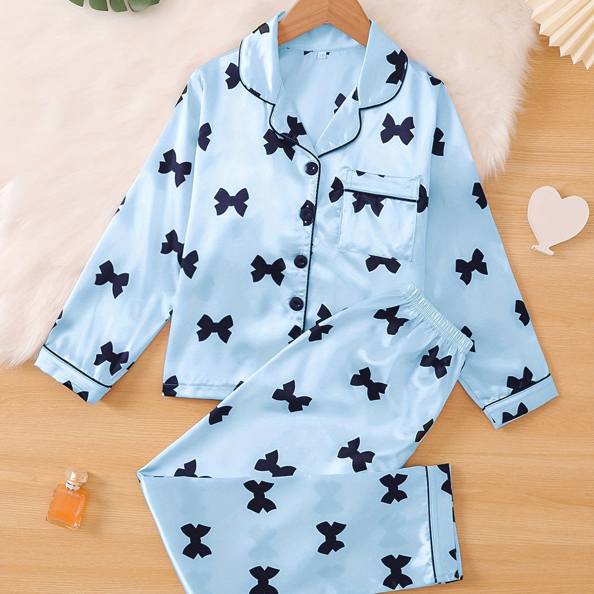 Cute Bow Print Sleepwear For Spring And Autumn, Comfortable Cardigan With Collar, Long Sleeved Top, Long Pants, Sizes 130-160, Medium To Large Children'S And Girls' Set, Home Wear
