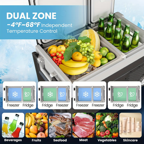 51 QT (48L) Portable Car Electric Cooler, 12V Refrigerator Fridge Freezer For Car, Dual Zone, -4F-68F, Wheels, AC\u002FDC Charger For Camping, Picnic, Travel, Road Trip, Black