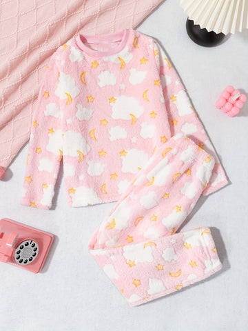 Girls' cartoon printed plush top with two pieces of Fleece pants, girls' autumn and winter suit