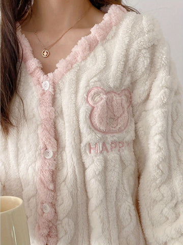 Teen'S Cozy Winter Plush Pajama Set with Bear Letter Print - Soft Pink & White Flannel Sleepwear, Long Sleeve Pajamas with Button Front, Perfect for Casual Home Wear, Bear Pajamas, Winter Sleepwear, Plush Flannel Fabric