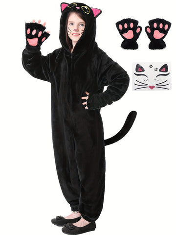 Girls Black Cat Onesie Pajamas Costume, Soft Plush Warm Sleepwear With Gloves And Cat Stickers, Perfect For Halloween, Cosplay, Dress Up, Role Play, Costume Parties, Themed Events, Winter Loungewear Outfit