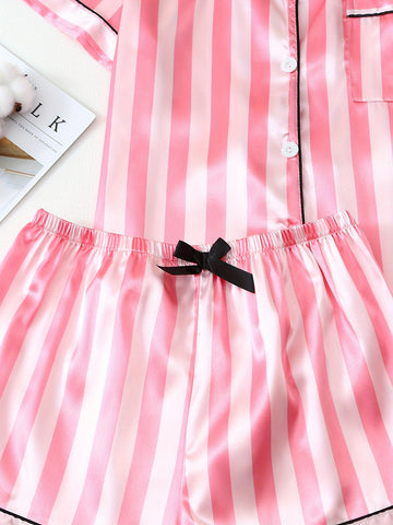 Two Sets of Youth Solid Color Striped Shorts and Short Sleeve Pajama Set, for Teenager