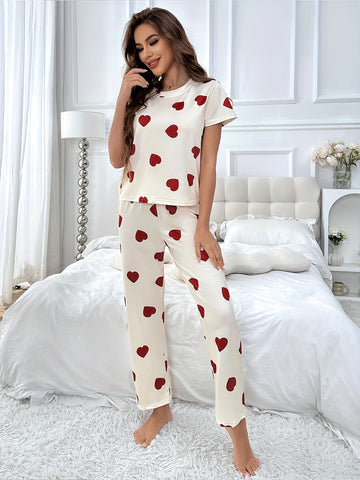 Allover Heart Print Pajama Set, Casual Short Sleeve Round Neck Tee & Elastic Pants, Women's Lounge & Sleepwear