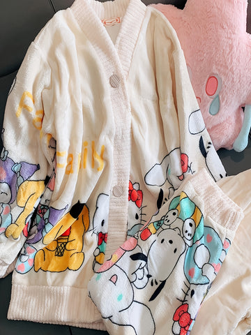 2pcs Sanrio Genuine Authorization, for Hello Kitty Family Cartoon Pattern Long-sleeved Thickened Upgraded Pajama Set, Thick Warm Loungewear, Sweet And Cute Pajamas, Cardigan Loungewear Can Be Worn Outside, The Best Choice For Family And Friends