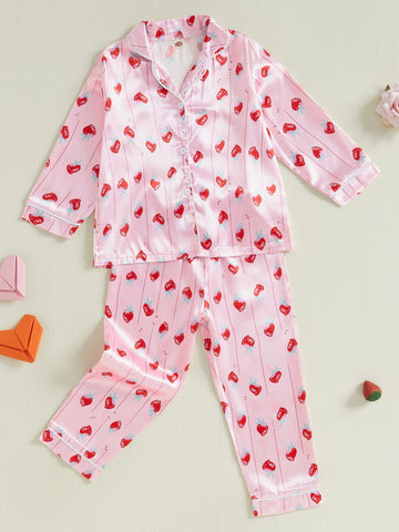 Little Girl Valentines Day Pajama Set Heart Print Long Sleeve Button-up Tops Long Pants 2pcs Sleepwear Outfit