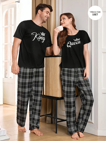 Couple'S Matching Pajamas Set - His & Hers - King & Queen Crown & Lettering - Soft Winter Sleepwear - Couples Costume Party Outfit - Easy-Care Machine Washable - Anniversary Valentine'S Gift for Couples - Couple'S Sleepwear Set