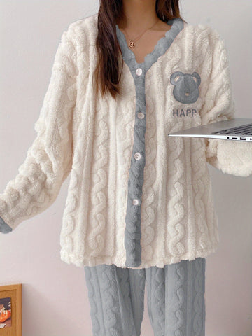 Teen'S Cozy Winter Plush Pajama Set with Bear Letter Print - Soft Pink & White Flannel Sleepwear, Long Sleeve Pajamas with Button Front, Perfect for Casual Home Wear, Bear Pajamas, Winter Sleepwear, Plush Flannel Fabric