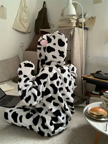 ' Cute Cow Hooded Flannel Pajamas, New Winter Plush Fleece-Lined Thickened Homewear Set