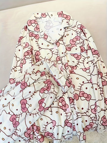 2pcs Sanrio Genuine Authorization, Hello Kitty Cartoon Pajama Set, Spring And Autumn Long-sleeved Set, Long-sleeved Sweet Cartoon Loungewear, Thin Pajama Set, A Must-have Choice for Valentine's Day Gifts for Girlfriends And Family