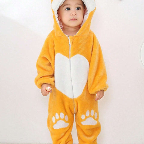 Unisex Cartoon Animal Print Hooded Onesie - Soft Warm Winter Sleepwear with Zipper Closure, Cozy All-Season Wear for &, Cute Bear & Fox Design, Regular Fit for Home & Outdoor Use, Clothing, Playful Wear, Comfortable Wear