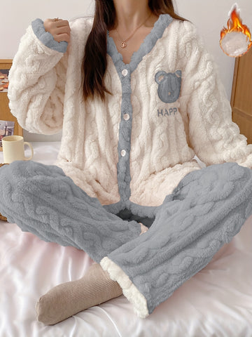 Teen'S Cozy Winter Plush Pajama Set with Bear Letter Print - Soft Pink & White Flannel Sleepwear, Long Sleeve Pajamas with Button Front, Perfect for Casual Home Wear, Bear Pajamas, Winter Sleepwear, Plush Flannel Fabric
