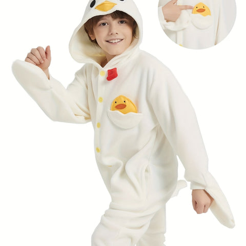 Boys' Rooster Pajamas - Hooded Long Sleeve Thick Fleece-Lined Winter Sleepwear with Details, Loose Fit Machine Washable Youngsters Party & Home Clothing for Autumn\u002FWinter, Boy Christmas Pajamas, Cozy Loungewear, Playful Design, Fleecelined Fabric