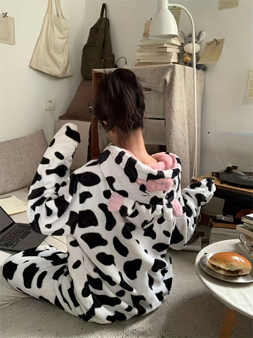 ' Cute Cow Hooded Flannel Pajamas, New Winter Plush Fleece-Lined Thickened Homewear Set