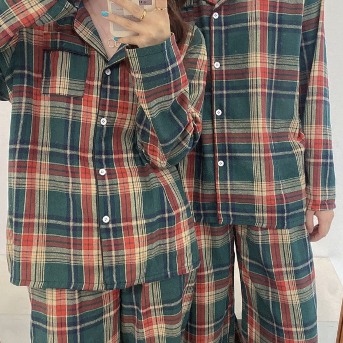 Christmas Couple's Long Sleeve Vintage Plaid Print Pajama Set Open Front Button-Up Top and Pants