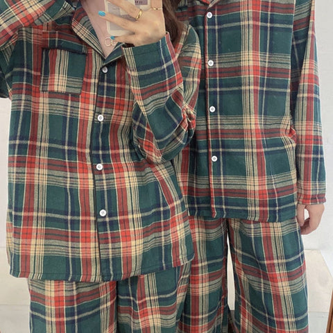 Christmas Couple's Long Sleeve Vintage Plaid Print Pajama Set Open Front Button-Up Top and Pants