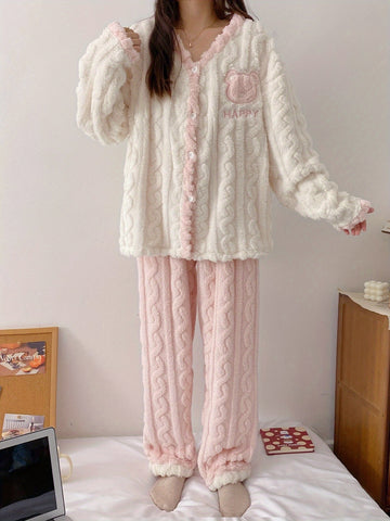 Teen'S Cozy Winter Plush Pajama Set with Bear Letter Print - Soft Pink & White Flannel Sleepwear, Long Sleeve Pajamas with Button Front, Perfect for Casual Home Wear, Bear Pajamas, Winter Sleepwear, Plush Flannel Fabric