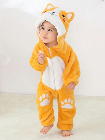 Unisex Cartoon Animal Print Hooded Onesie - Soft Warm Winter Sleepwear with Zipper Closure, Cozy All-Season Wear for &, Cute Bear & Fox Design, Regular Fit for Home & Outdoor Use, Clothing, Playful Wear, Comfortable Wear
