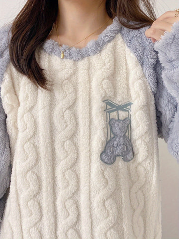 Youth Winter Warm Fleece Pajamas Set, Cute Bear Pattern Casual Home Wear Set, For Teenager