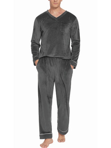 ELESOL Unisex Velvet Pajama Set, Casual V-Neck Long Sleeve Knit Fabric Sleepwear, Polyester & Spandex Blend, Solid Color Loungewear with Pockets, for Fall\u002FWinter
