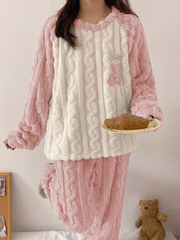 Youth Winter Warm Fleece Pajamas Set, Cute Bear Pattern Casual Home Wear Set, For Teenager