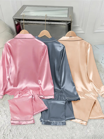 3pcs Women'S Satin Set - Casual Solid Color Long Sleeve Shirt & Elastic Waist Pants, Turn- Collar, Button Detail, Polyester, Autumn Winter Pajamas, Comfortable Loungewear|Casual Style|Polyester Fabric