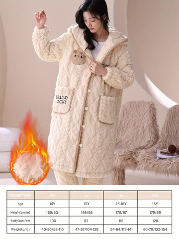 Girls' Flannel Hooded Sleepwear Set, Thickened Fleece-Lined Cartoon Long Sleeves and Pants for Autumn\u002FWinter Warm Home Outfit