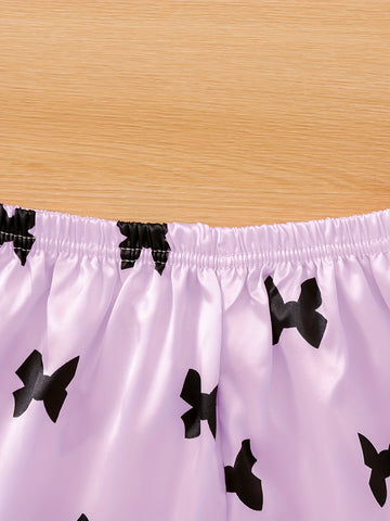 Cute Bow Print Sleepwear For Spring And Autumn, Comfortable Cardigan With Collar, Long Sleeved Top, Long Pants, Sizes 130-160, Medium To Large Children'S And Girls' Set, Home Wear