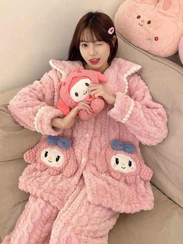 Authorized Sanlio Nightwear 's Winter Thickened Velvet Autumn Winter Warm Home Clothing Set, for Teenager, Cozy Loungewear, Winter Sleepwear, Round Neck Design, Casual Sleepwear, Durable Sleepwear, Soft Velvet Feel, Pajama Set, Loungewear Outfit