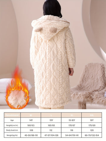 Girls' Flannel Hooded Sleepwear Set, Thickened Fleece-Lined Cartoon Long Sleeves and Pants for Autumn\u002FWinter Warm Home Outfit