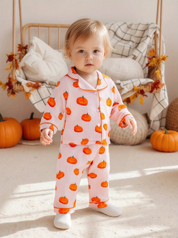 2pcs Girls Halloween Pajamas Set Long Sleeve Pumpkin Print Button Shirts and Pants Set Sleepwear